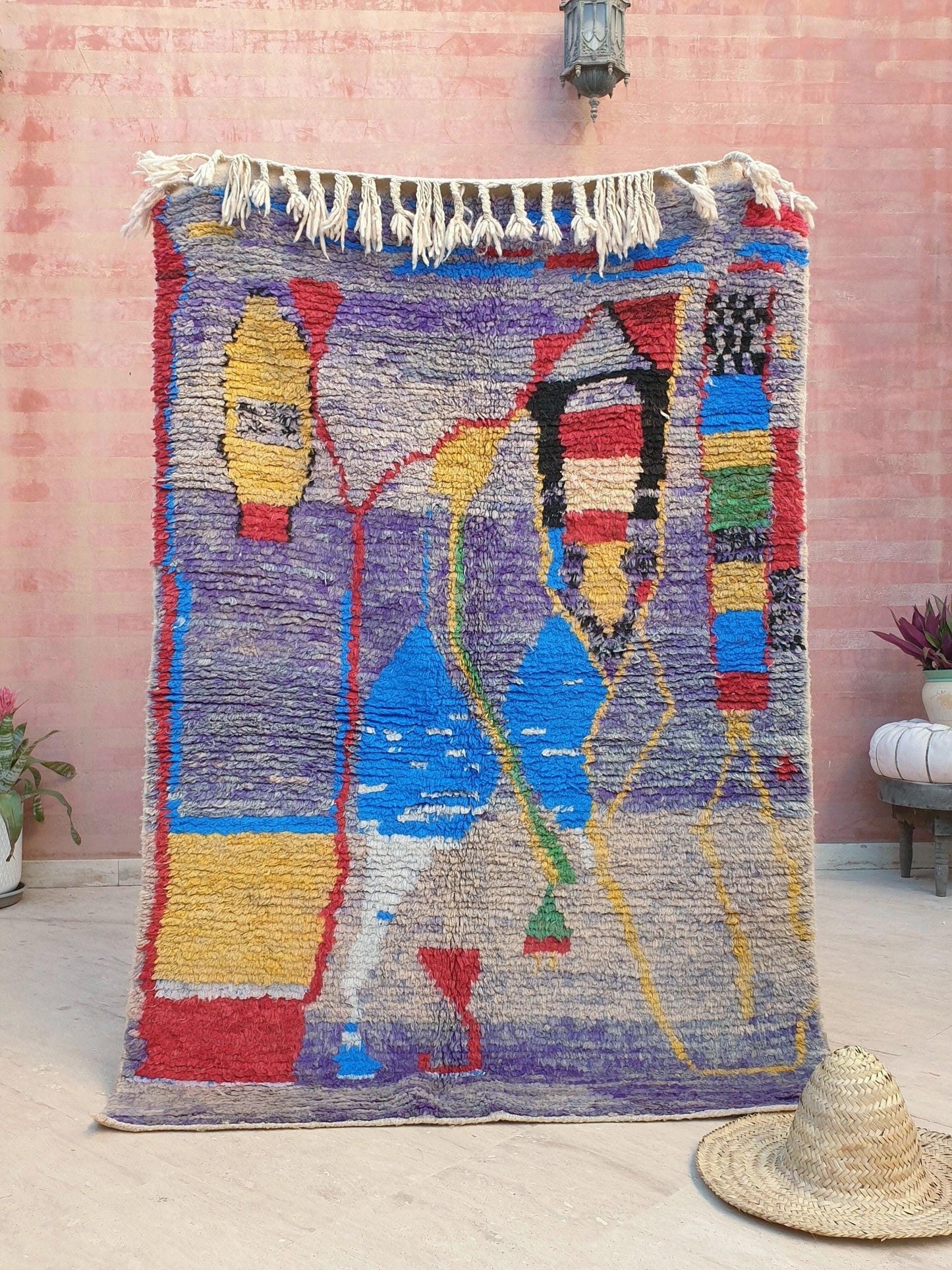 50% OFF CLOSING SALE Gorgeous Moroccan Rug boujaad rug 4.1x6.3 Purple Wool rug, living room rug, Unique Abstract Red Yellow rug bedroom rug