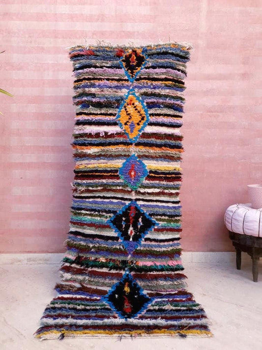 Vintage Moroccan Rug 2.6x6.9 Colorful Boucherouite RunnerRug, Abstract Rug, Authentic berber rug, Unique Artistic rug, boujaad rug
