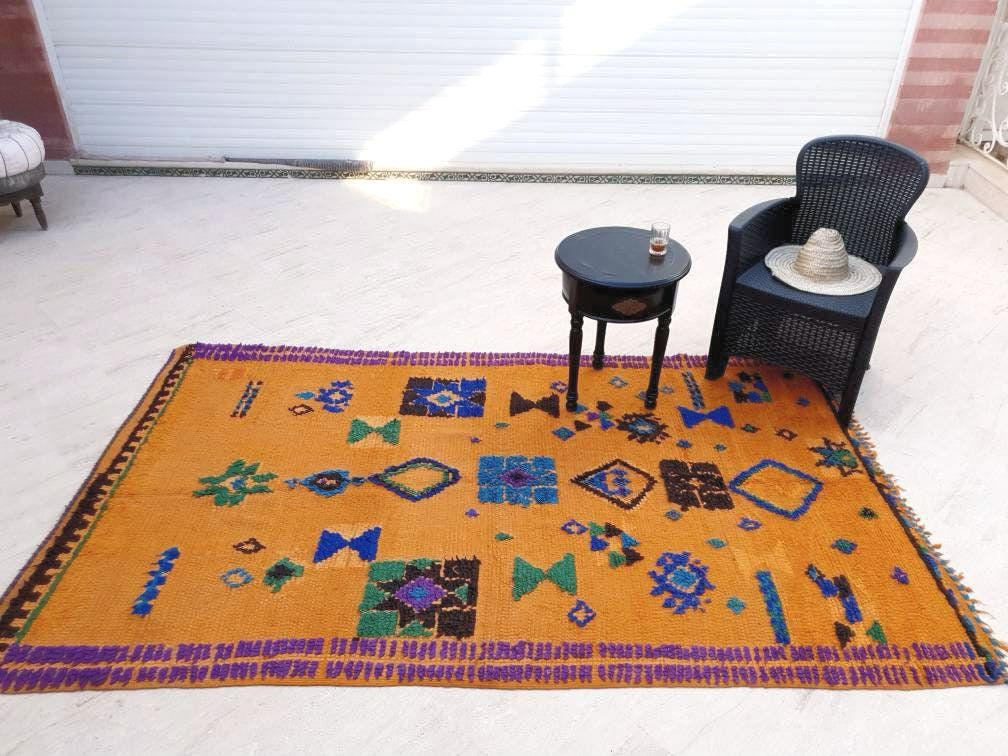 50% OFF CLOSING SALE Stunning Moroccan Rug 5.1x8.1 Super Pretty Vintage Boujaad rug, Unique boujad rug, Blue Papaya Orange Berber carpet