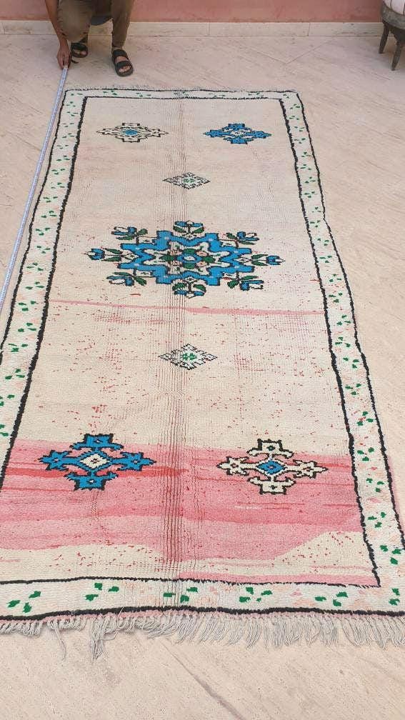 Vintage Moroccan Rug 4.6x10 Stunning pink White Boujaad Rug, unique tribal morocco rug, large boujad rug