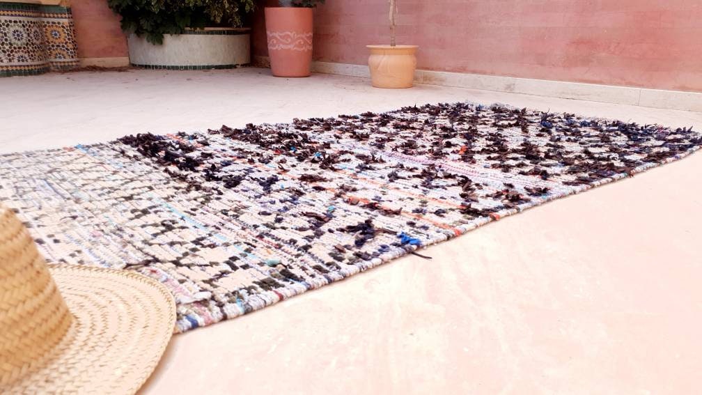 Vintage Moroccan Rug  3.8x7.5 Rare Azilal Berber Boucherouite rug, tribal rug bedside rug bedroom rug living room rug vintage accent rug