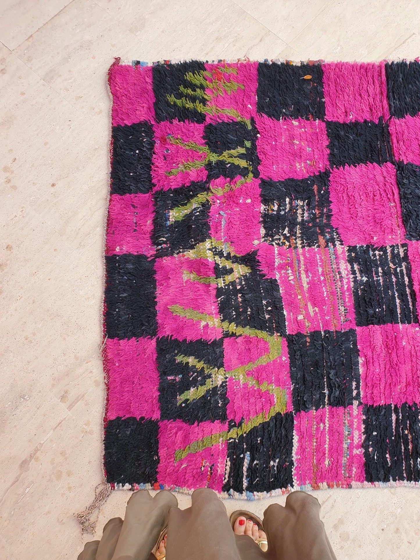 Gorgeous hot pink checkered runner rug 4x11.2 unique wide boucherouite hallway rug, wool rag Berber rug, pink green boujaad rug