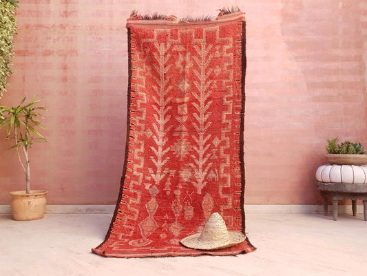 Vintage Moroccan Boujaad Rug 3.1x7.2 ft • Unique Tribal Berber Rug in Burnt Coral & Peach Tones • Earth Colors  Boho boujad rug