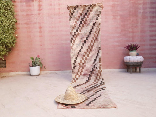 50% OFF CLOSING SALE Vintage Moroccan Rug 2.4x9.8 checkered Boujad Runner Rug, Super unique Berber Brown Blush hallway Rug, boho boujaad rug