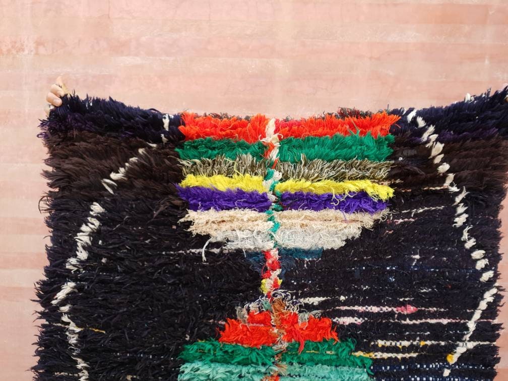 Vintage Moroccan Rug 2.7x7.5 black navy Runner Rug, Azilal rug, Black boucherouite rug, living room rug morrocan bedroom rug, boho rug,