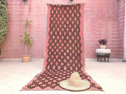 50% OFF CLOSING SALE Vintage Moroccan rug 3.5x9.8 Stunning Blush Pink Yellow Boujaad rug, Coral Black Tribal Geometric boujad Rug