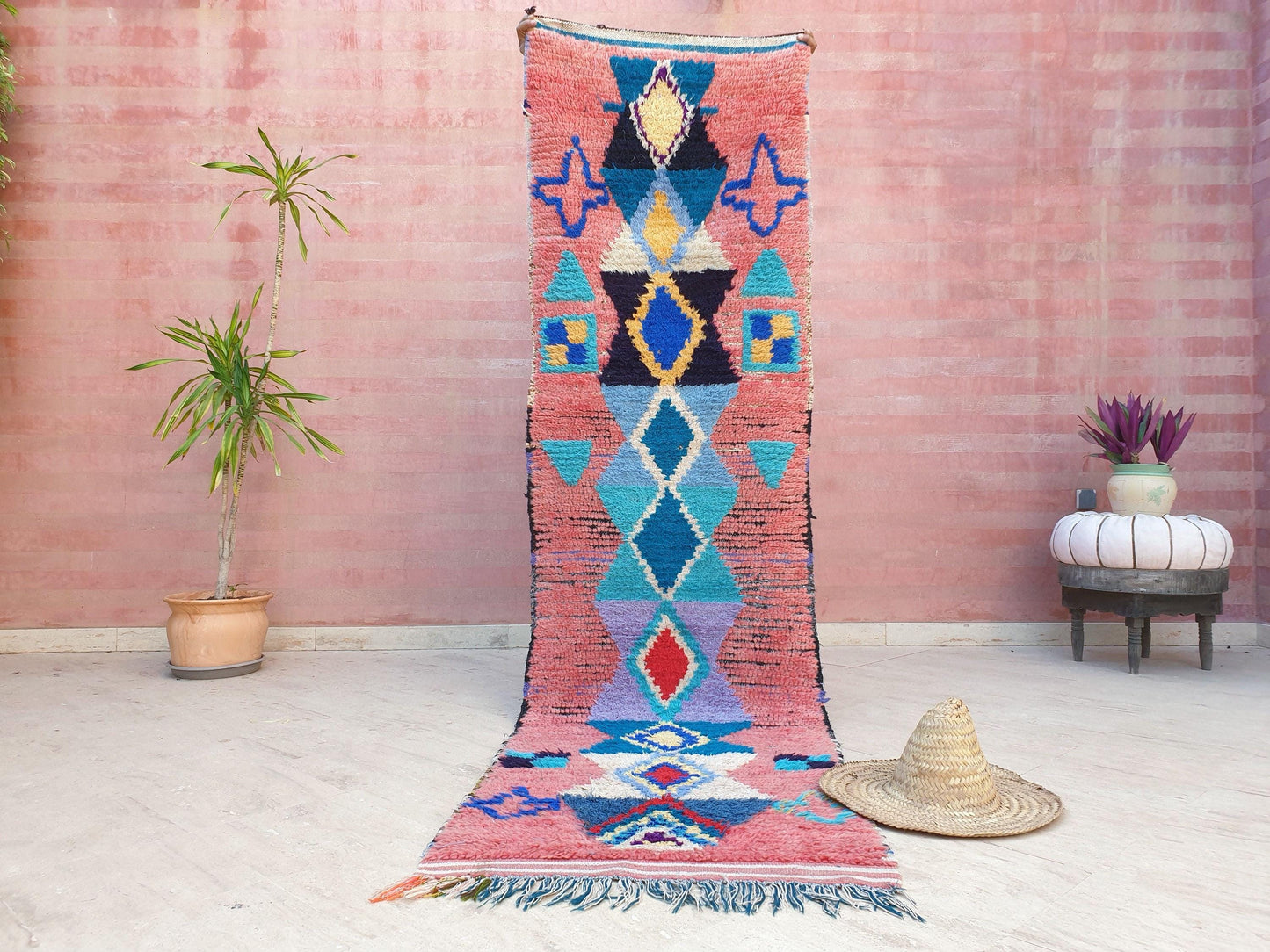 Gorgeous Moroccan rug 2.5x9 "Ibiza" Blue Pink Blue Colorful Runner rug, retro style  handmade hallway boujaad rug