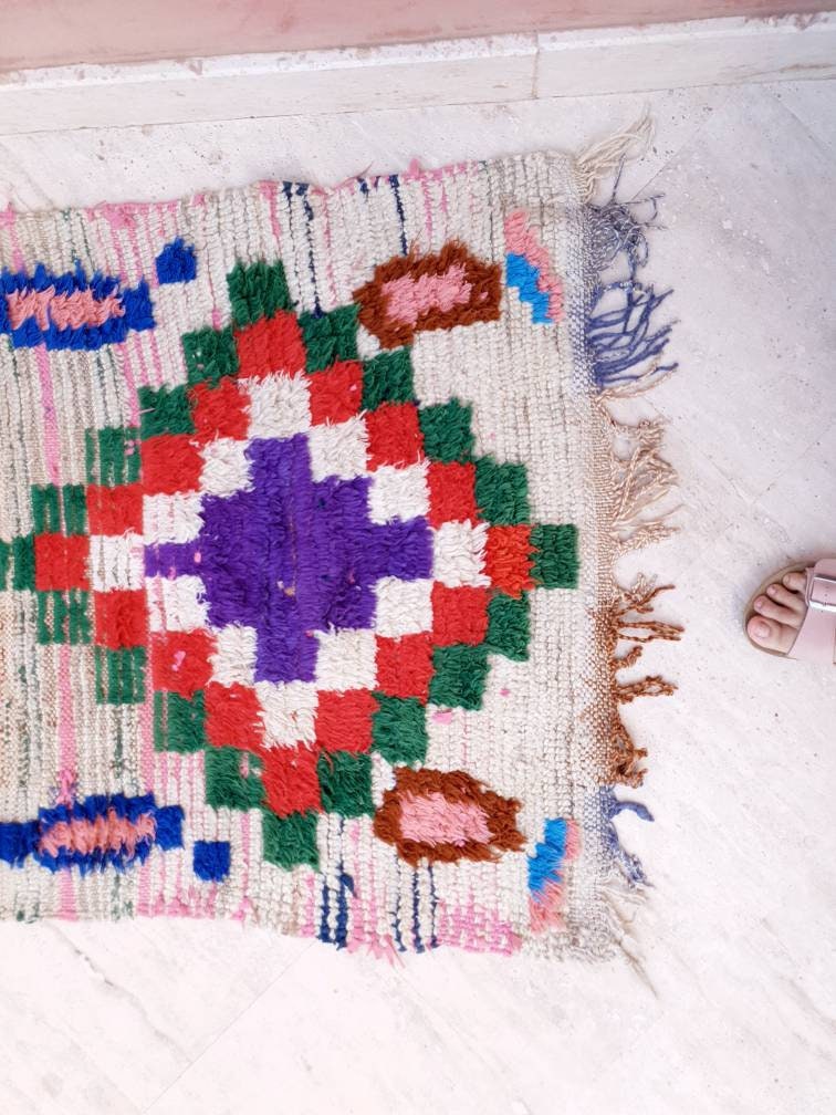 Vintage Moroccan Rug 3x7.2 Boujaad rug, Unique Boucherouite runner Rug, Boujad Rug | Hallway rug | living room rug  moroccan runner  rug