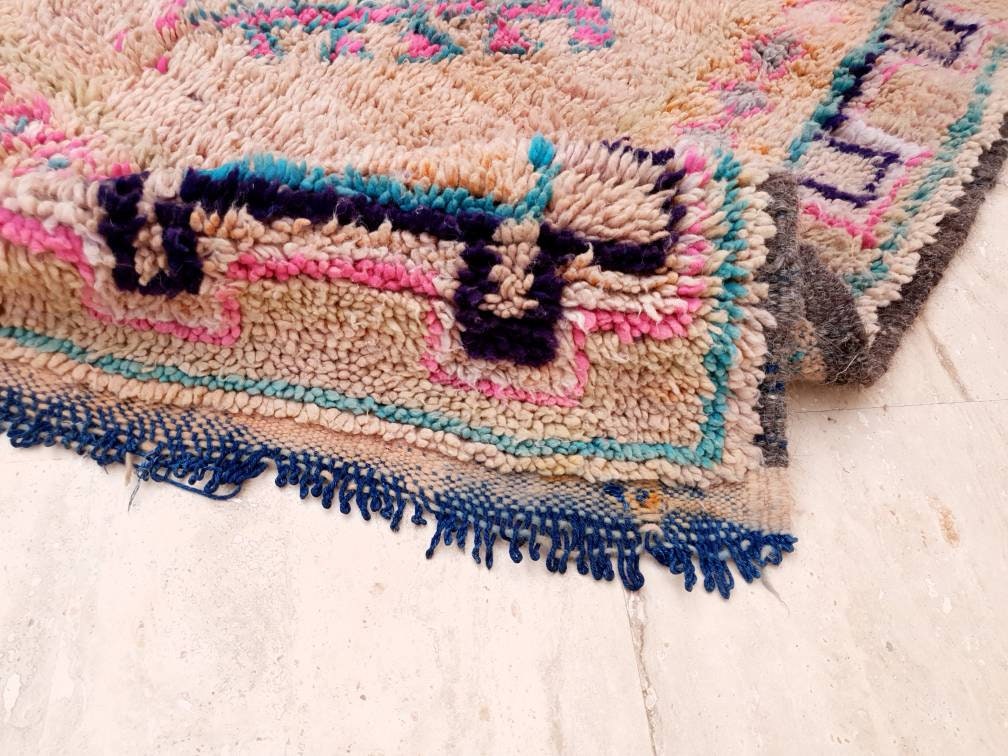 50% OFF CLOSING SALE Vintage Moroccan rug 4x10.2 Gorgeous Boujaad rug, Blush Aqua Beige Pink pastels rug vintage berber boujad hallway rug
