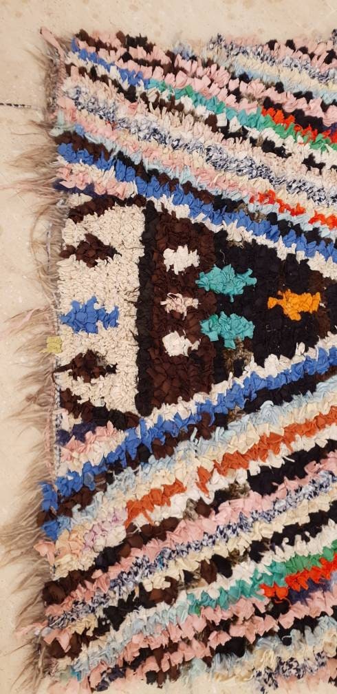 Vintage Moroccan rug, 3.1x7.5 unique  boucherouite rug  "Symmetric"  Berber hallway rug
