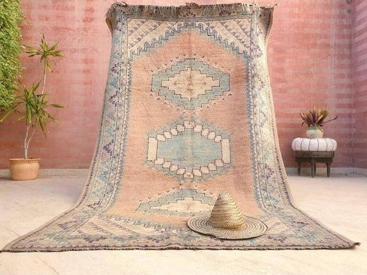 Vintage Moroccan rug 5x8.5 Precious Blush teal lavender Rug, Peach boujaad rug, Unique Taznakht rug