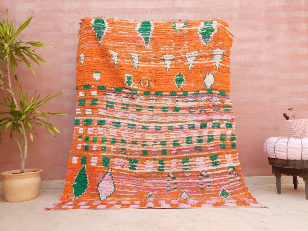 50% OFF CLOSING SALE Vintage Moroccan Rug 5x6.7 Stunning Orange Super Unique Boujaad Rug, Green & Lilac Accents, abstract Living room rug