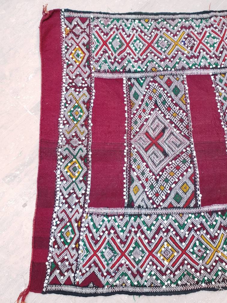 Incredible Moroccan rug | Sequined 4×10 ft Berber Rug | maroon kilim rug bedroom rug living room rug
