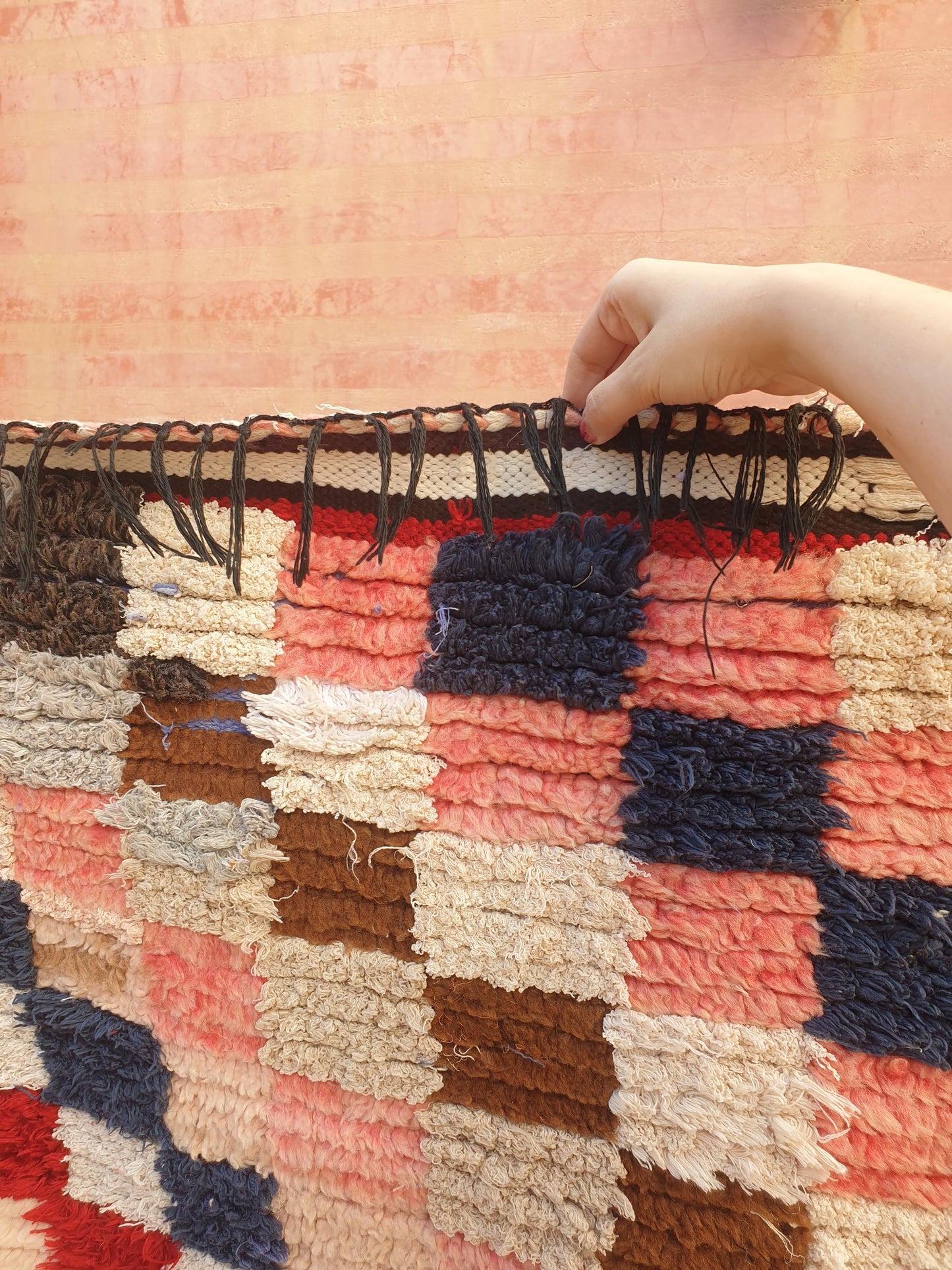 Gorgeous Moroccan Runner Rug • 2.5ft x 6.6ft • Checkered Boujaad Rug • Blush Brown Pink rug • Colorful Boucherouite rug