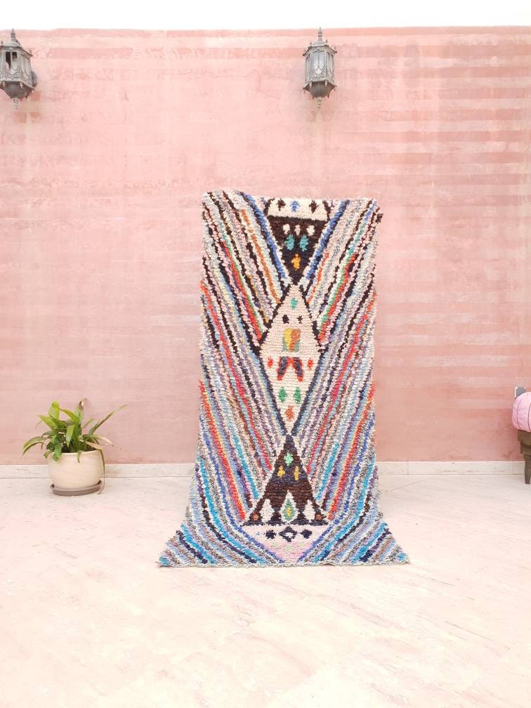 Vintage Moroccan rug, 3.1x7.5 unique  boucherouite rug  "Symmetric"  Berber hallway rug
