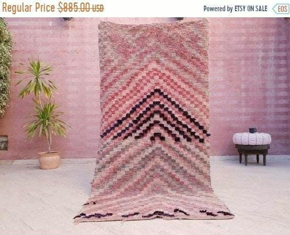 Vintage Moroccan Rug 3.8x7.5 Gorgeous Blush Boujaad rug, Unique area Rug, checkered bedroom rug, living room rug