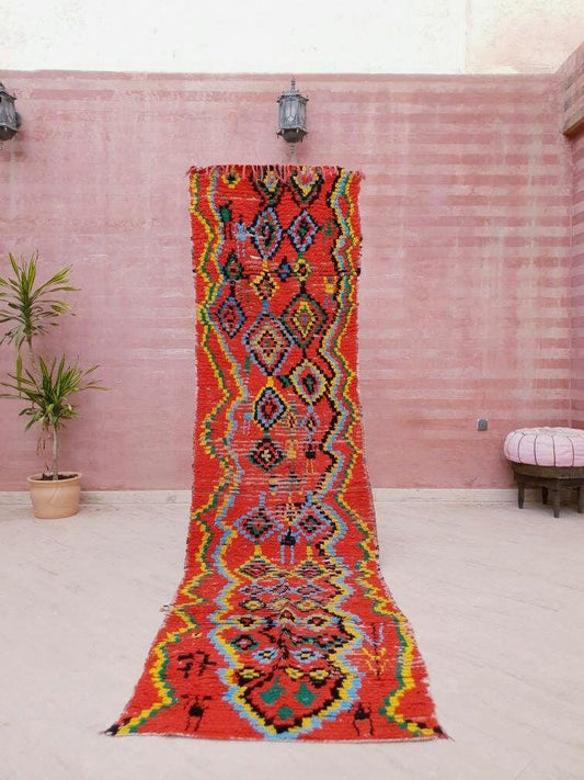 Incredible Vintage Moroccan Rug | 3x11 Boujaad runner rug | bold red runner  Rug | bedroom living | hallway rug | colorful rug | berber rug