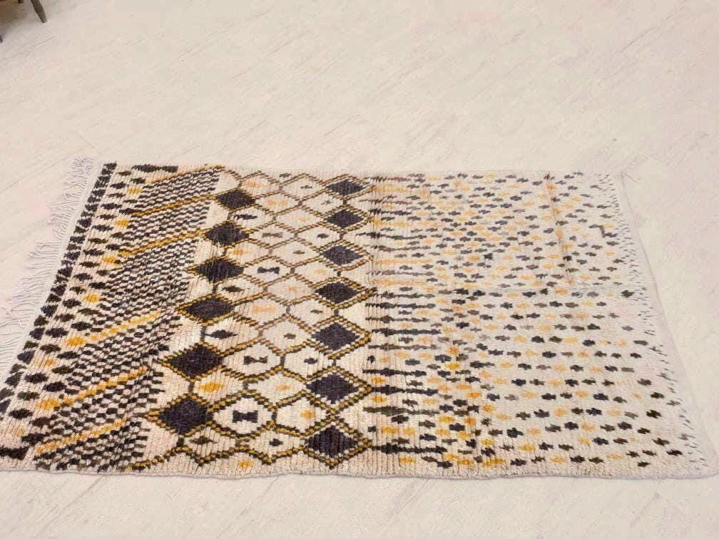 50% OFF CLOSING SALE Vintage Moroccan Rug 4x7 Stunning  Azilal Rug Mustard Brown Cream Berber Rug | Unique Tribal rug | wool bedroom rug