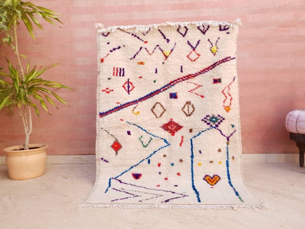 Finest Moroccan Rug 3.6x5 Soft Azilal Rug "Heart at Home" Authentic Berber carpet Nursery morrocan Rug Beni Ourain rug, living room rug