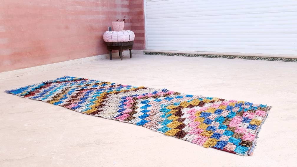 Vintage Moroccan Rug 2.5x7.7 Cute Checkered Runner Rug | Boujaad Rug  | Retro Berber Boucherouite Rug | Hallway Rug | Vintage Entry way Rug