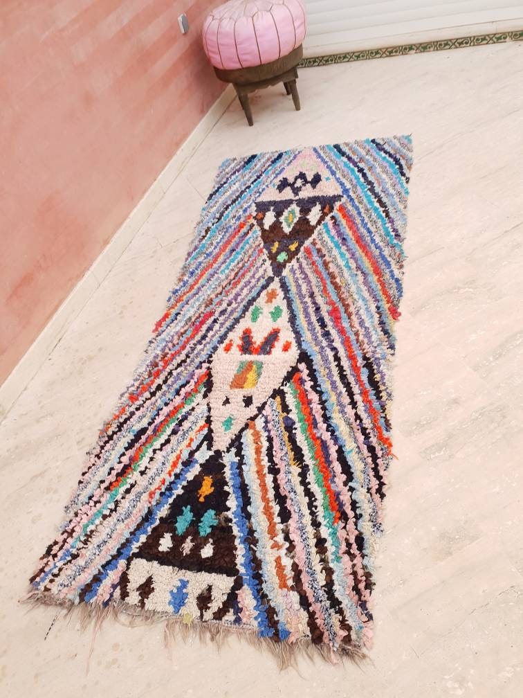 Vintage Moroccan rug, 3.1x7.5 unique  boucherouite rug  "Symmetric"  Berber hallway rug