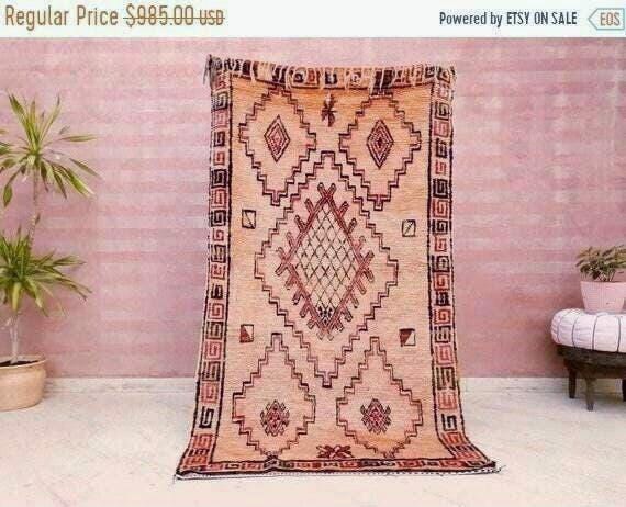 50% OFF CLOSING SALE Vintage Moroccan Rug 3.7x7.9 Stunning Muted Blush Peach Like Unique Boujaad rug, Papaya Azilal Rug berber wool rug