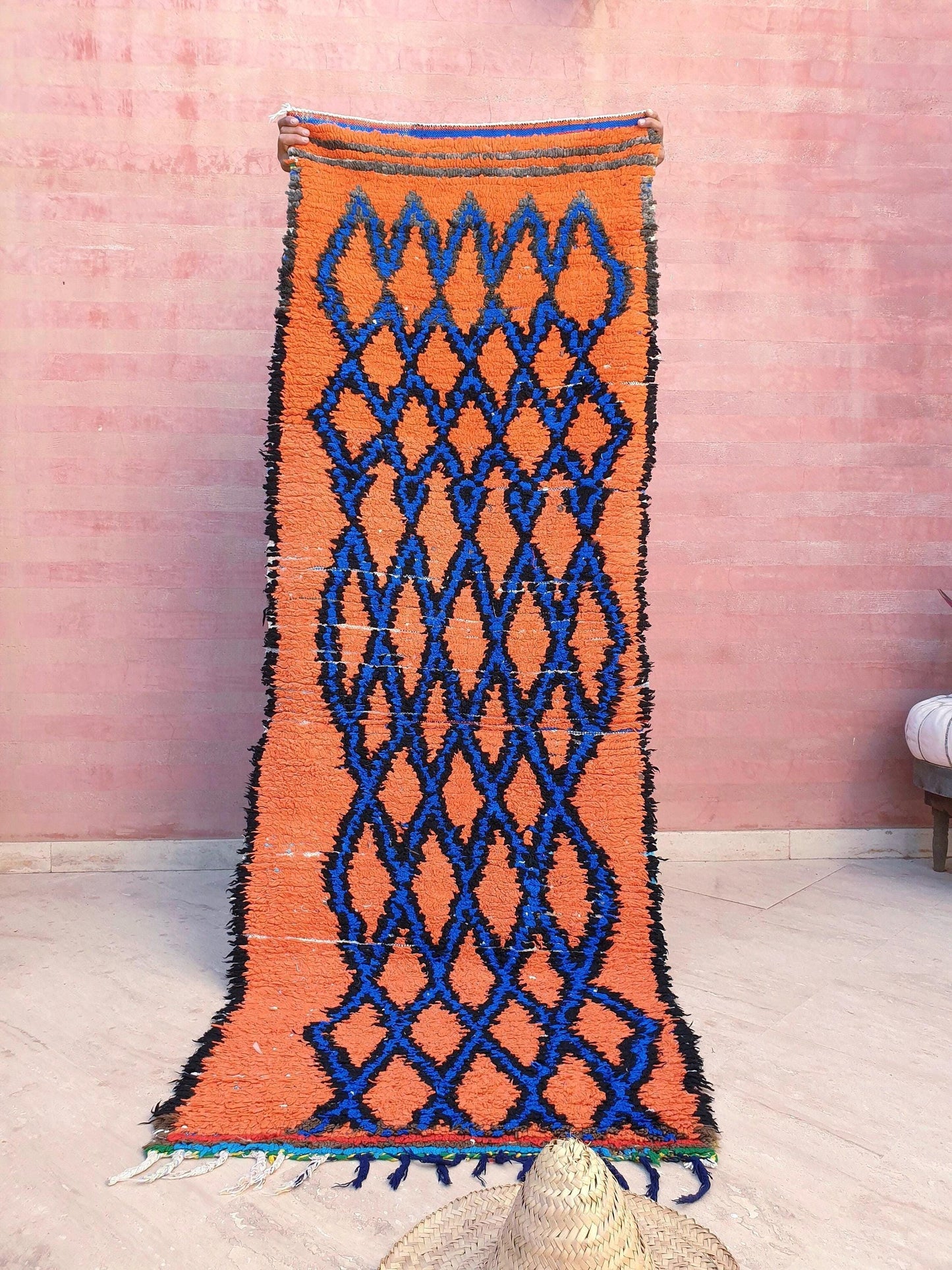 50% OFF CLOSING SALE Stunning Moroccan Runner Rug 2.8x6.5 Super Pretty Boujaad rug, Artistic Blue Papaya Orange Geometric Hallway rug