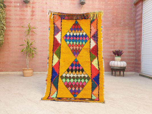 Vintage Moroccan Rug 3.3x5.7 Unique  Colorful Super Pretty vintage Moroccan Rug,  yellow boujaad rug, berber rug, artistic Happy Rug,