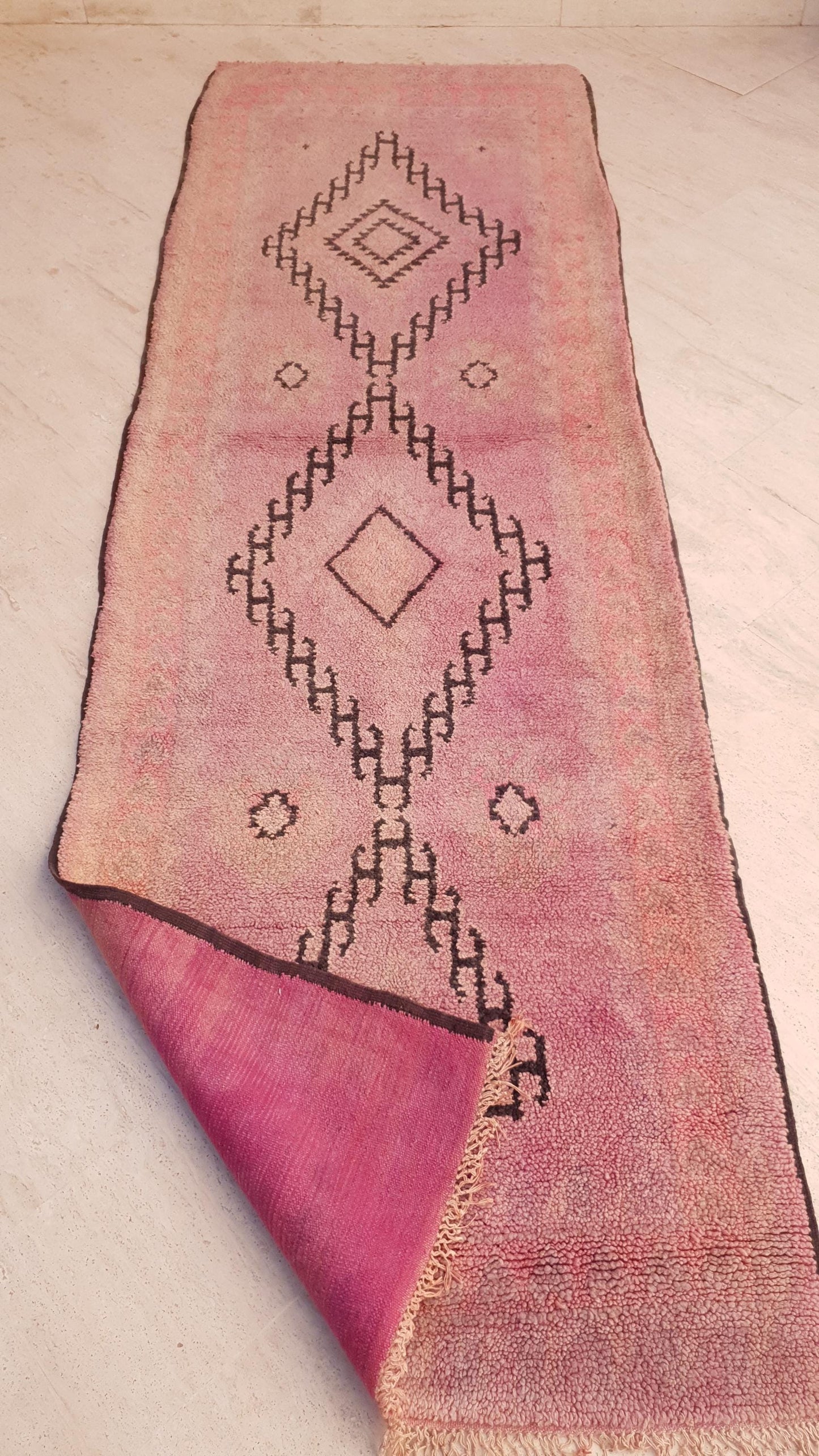 Vintage Moroccan Runner 3.4x10.7 ft • Blush Pink Boujaad Rug with Diamond Symbols • One-of-a-Kind Tribal Berber rug • pastels rug