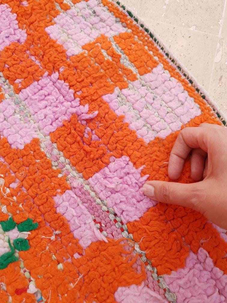 50% OFF CLOSING SALE Vintage Moroccan Rug 5x6.7 Stunning Orange Super Unique Boujaad Rug, Green & Lilac Accents, abstract Living room rug