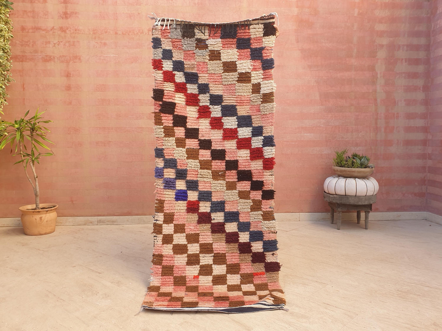 Gorgeous Moroccan Runner Rug • 2.5ft x 6.6ft • Checkered Boujaad Rug • Blush Brown Pink rug • Colorful Boucherouite rug