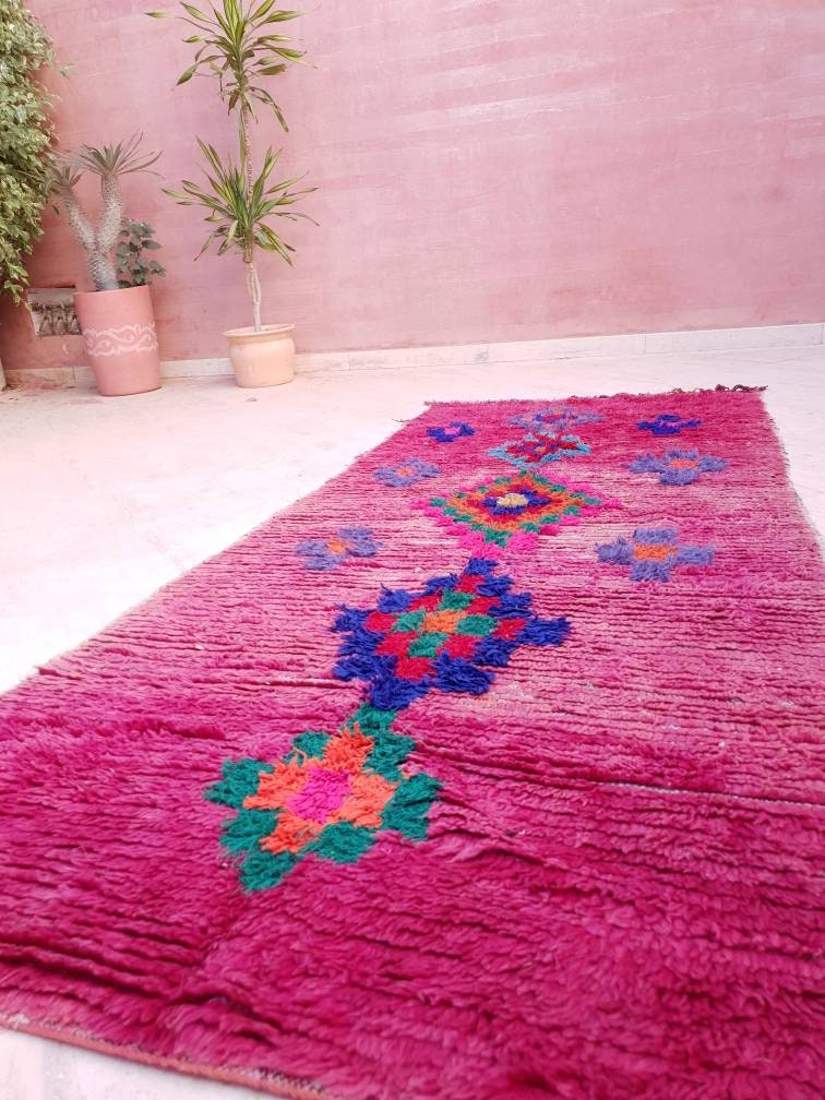 Vintage Moroccan rug 3.5x8.5 | incredible blush Boujaad rug | |  morrocan Boujad rug | antique area rug | Entry hallway rug