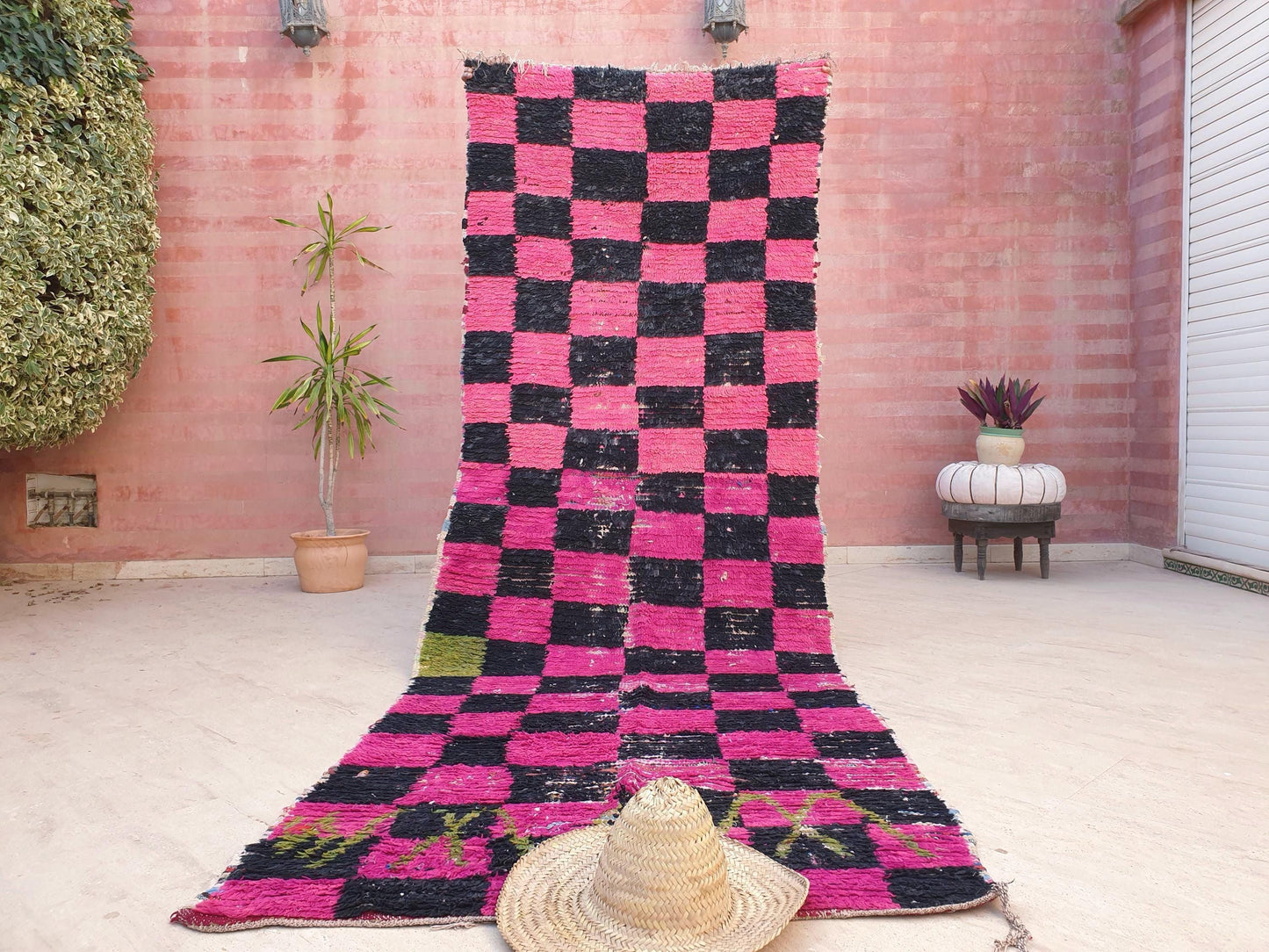 Gorgeous hot pink checkered runner rug 4x11.2 unique wide boucherouite hallway rug, wool rag Berber rug, pink green boujaad rug