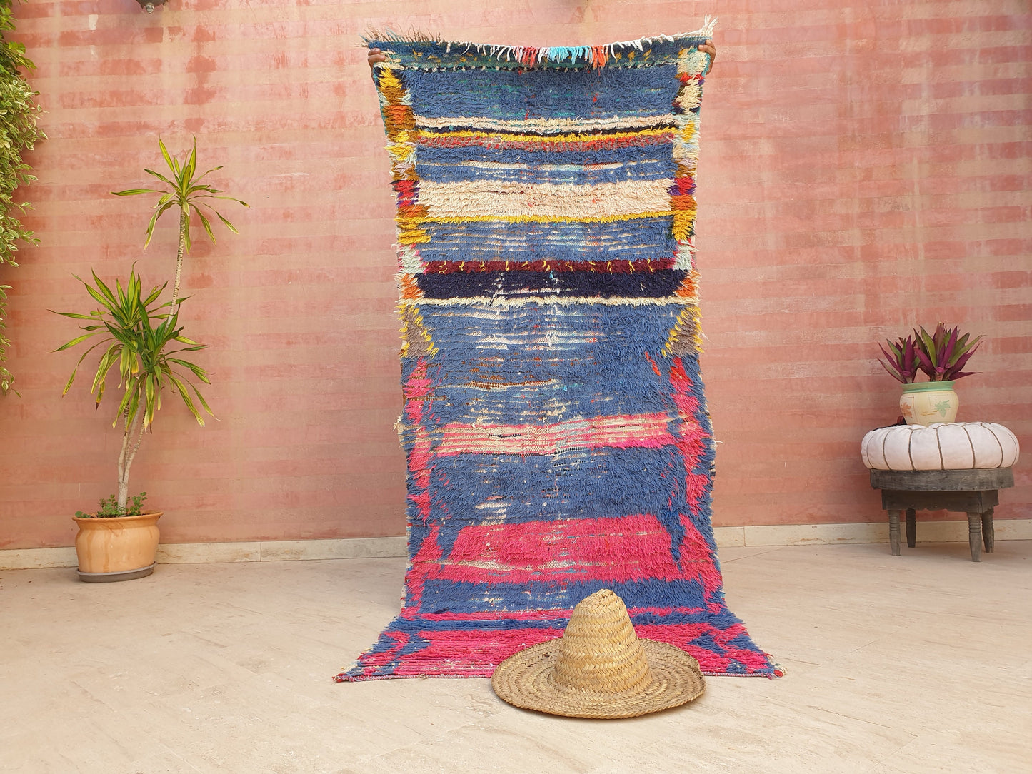 Vintage Moroccan Rug 3.2x7.8 Gorgeous Blue Pink Rug Boujaad Rug, fushia turquoise artistic Rug, boho boujaad rug