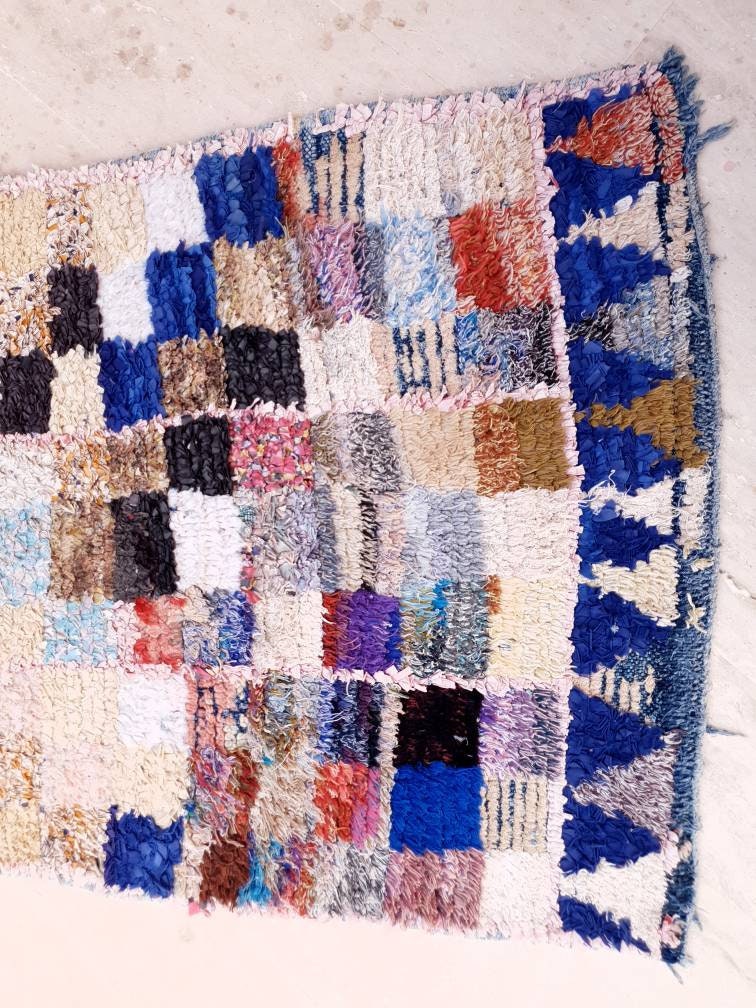 Vintage Moroccan Rug 3x7.5 Gorgeous Unique Boucherouite Rug Boujaad rug, checkered bedroom rug, living room rug