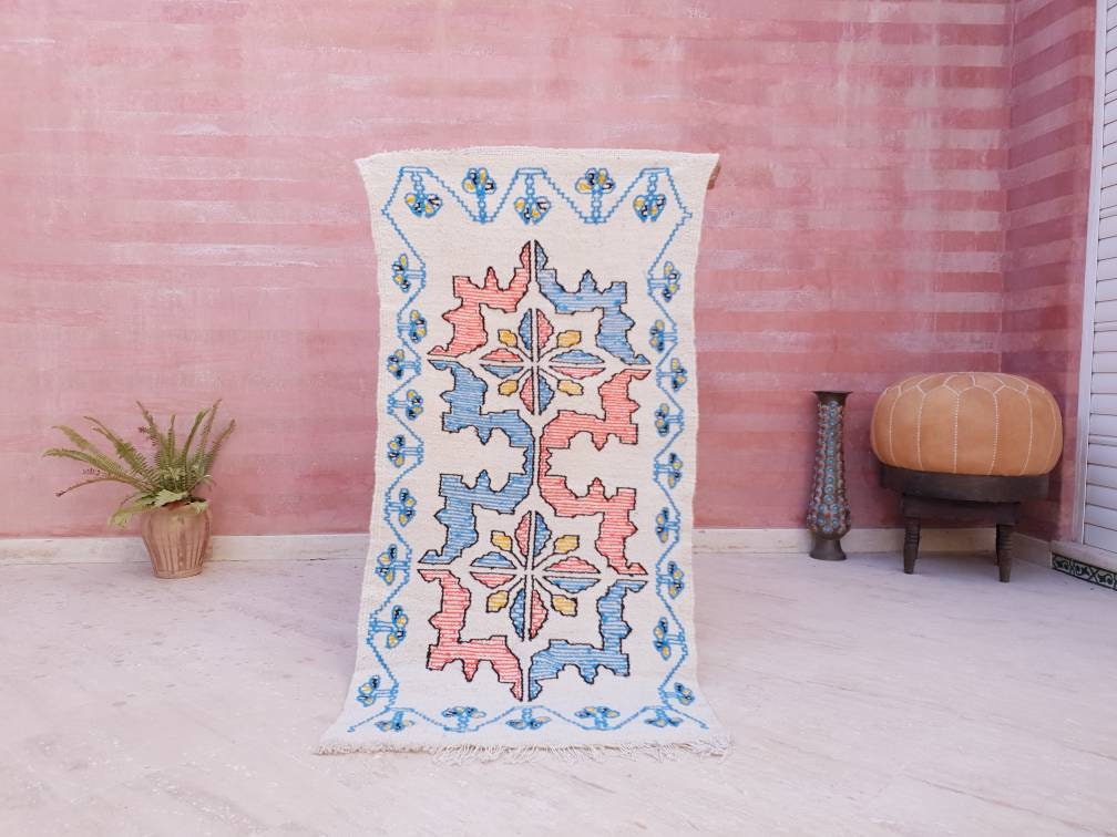 Berber Wool Rug – Moroccan Embroidery, Maps & Flowers Design (2.5x5 ft)