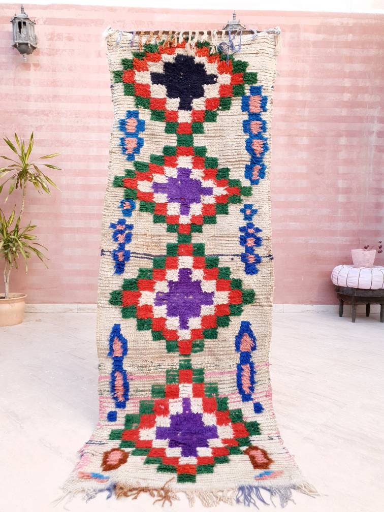 Vintage Moroccan Rug 3x7.2 Boujaad rug, Unique Boucherouite runner Rug, Boujad Rug | Hallway rug | living room rug  moroccan runner  rug