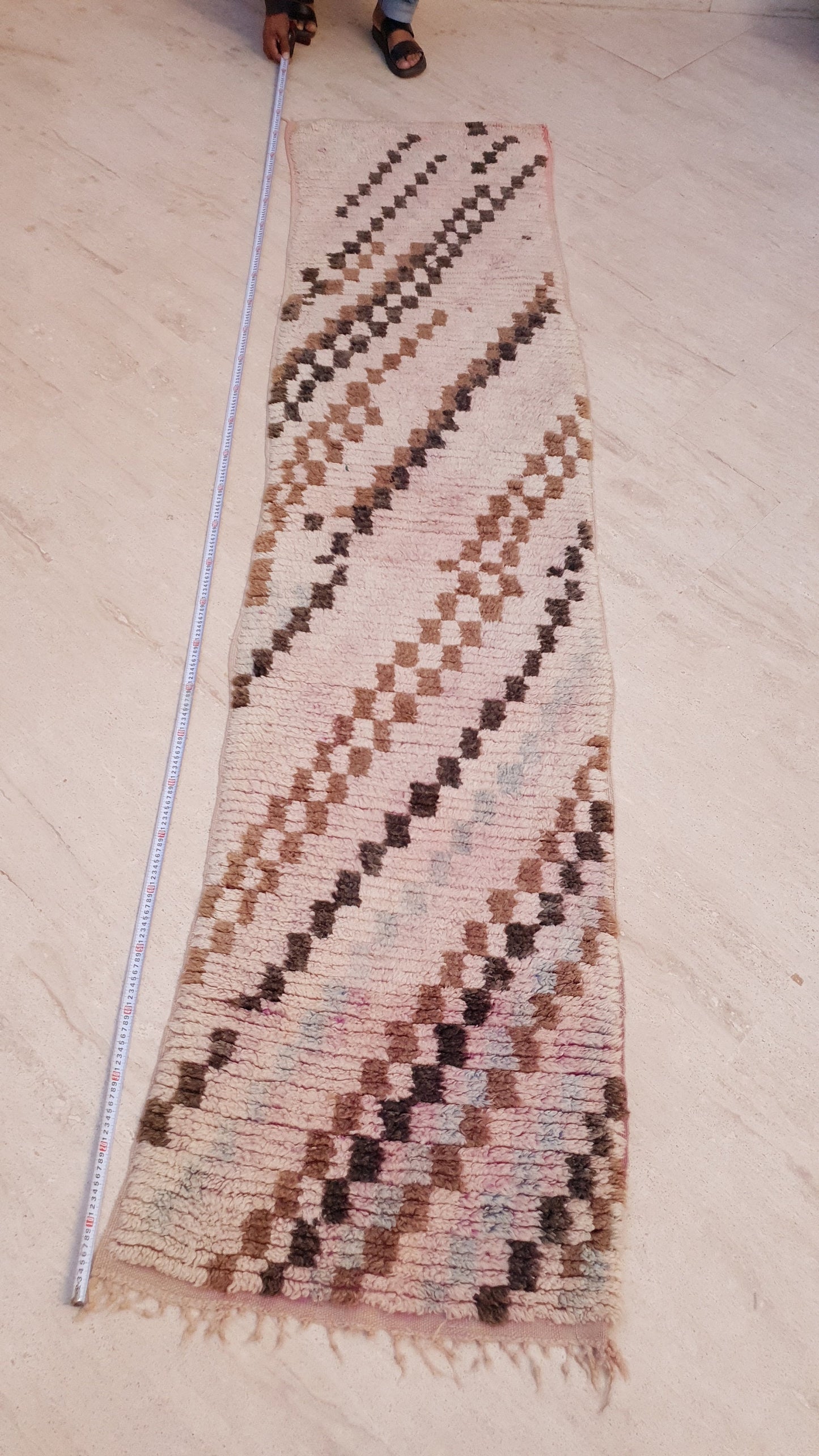 50% OFF CLOSING SALE Vintage Moroccan Rug 2.4x9.8 checkered Boujad Runner Rug, Super unique Berber Brown Blush hallway Rug, boho boujaad rug