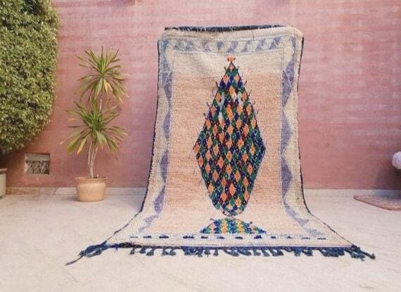 Vintage Moroccan Rug 4.8x9.6 Gorgeous blush Pastels Boujaad rug large boujad rug, Peach wool carpet
