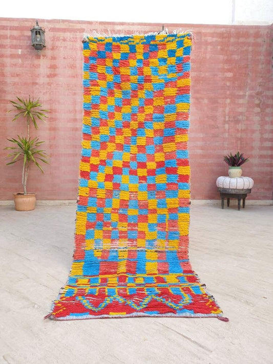 50% OFF CLOSING SALE Gorgeous Vintage Moroccan rug 2.8x7.8 Unique Boujaad Rug Checkered Rug Collector Morrocan rug, cyan yellow pink rug