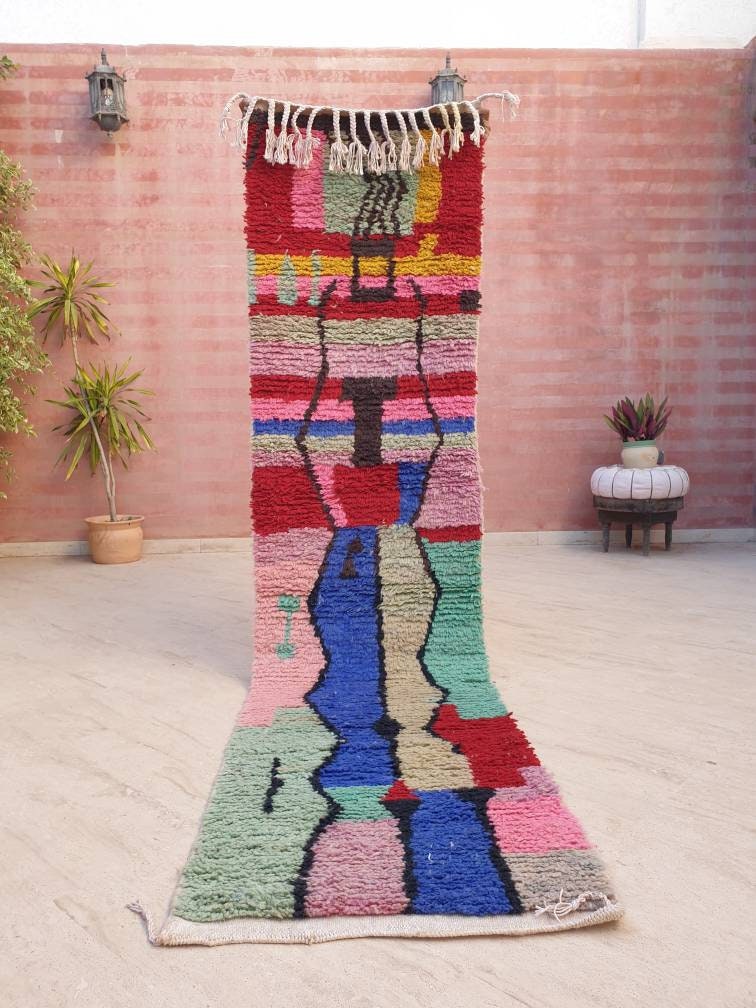 Gorgeous Moroccan rug 2.3x9.5 "Cocktail Party" Colorful Wool Runner rug, retro style cute abstract hallway boujaad rug