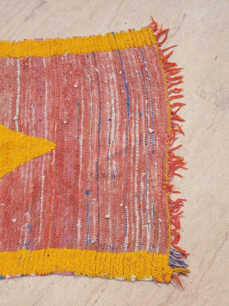 Vintage Moroccan rug 3.3x8.9 Blush Peach Yellow Boujaad rug incredible  black Yellow Tribal Rug Unique boujad Rug living room rug