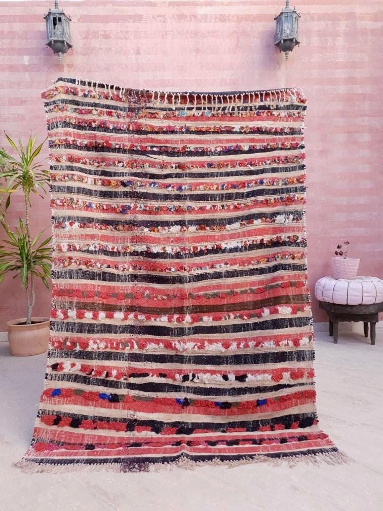 Vintage Moroccan Rug 4.1x6.2  Beautiful Unique muted morrocan rug, embroidery like woven wool flatweave rug with boucherouite knots