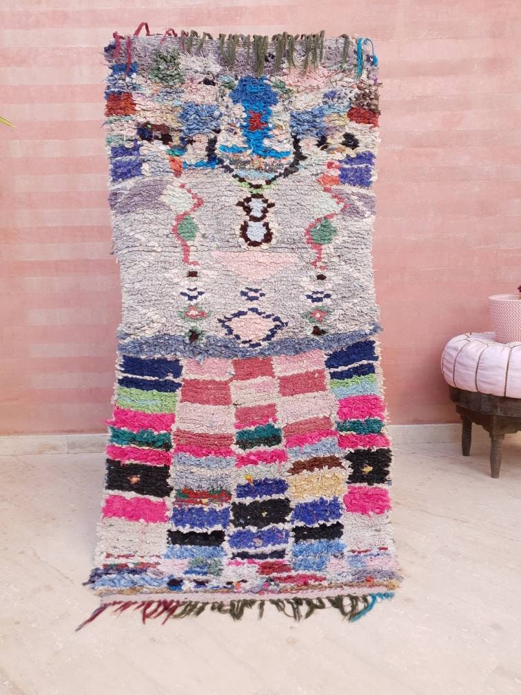 Vintage Moroccan Rug 2.6x5.6 Unique Boucherouite rug,  berber rug, Tribal Abstract rug, boho moroccan rug,Antique accent rug