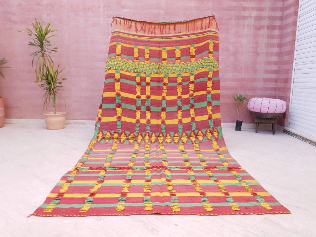 Vintage Moroccan Rug, kilim Rug, beautiful Unique muted morrocan rug Green Yellow Muted Red woven wool flatweave rug boujaad rug bedroom rug