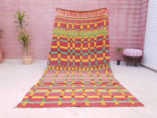 Vintage Moroccan Rug, kilim Rug, beautiful Unique muted morrocan rug Green Yellow Muted Red woven wool flatweave rug boujaad rug bedroom rug