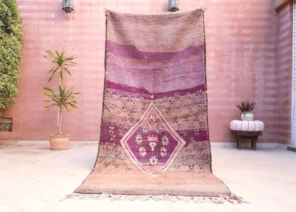 50% OFF CLOSING SALE Vintage Moroccan Rug 3.9x8.5 Gorgeous Purple Peach Blush rug "Roses & Butterflies" Unique boujaad rug mauve purple rug