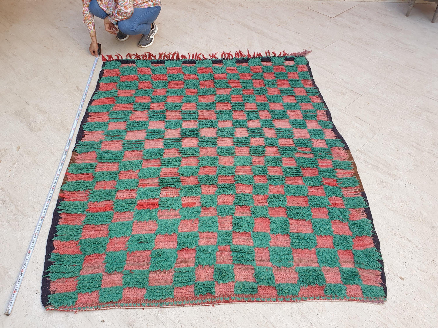 Gorgeous Green Moroccan Rug 5.6x6.9 ft Checkered green pink coral tribal rug, unique boujaad rug, squarish berber rug, salmon handmade rug