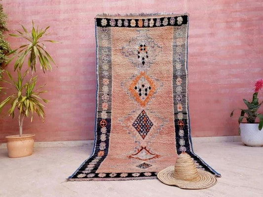 Vintage Moroccan Rug 3.8x8.9 Blush Peach Pink Cream Rug, Gorgeous Boujaad rug, large boujad rug, Moroccan rug blush bedroom