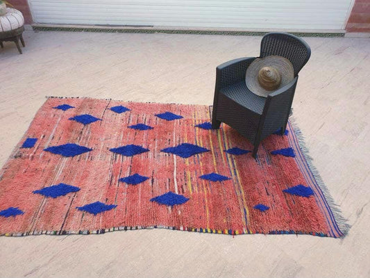 50% OFF CLOSING SALE Stunning Vintage Moroccan Rug 5x8.3 Unique Coral pink Boujaad rug, Blush Pink and Blue vintage boujad rug handmade rug